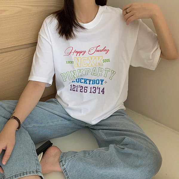 [데일리/캐주얼] 해피콜 컬러 레터링 반팔 티셔츠