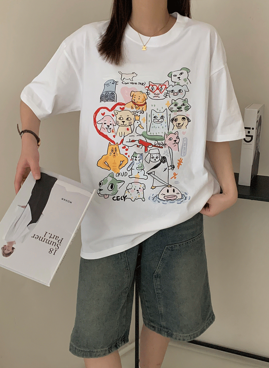 [유니크/포인트] 동물친구들 프린팅 반팔 티셔츠