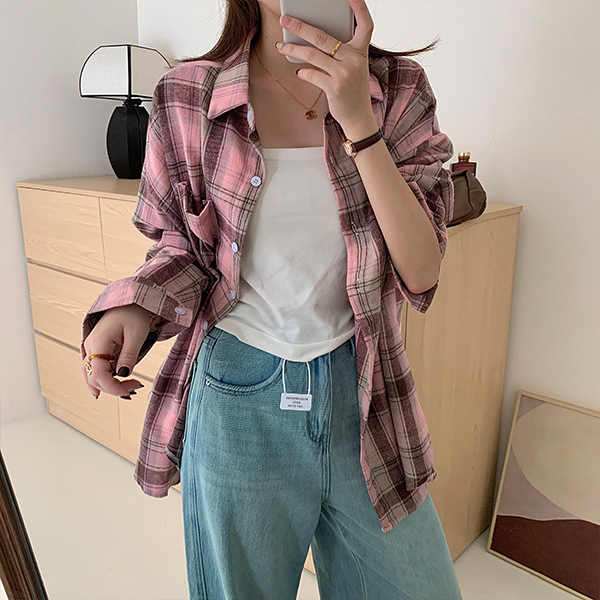 [여름신상/캐주얼] 에번즈 핑크 체크 루즈핏 셔츠